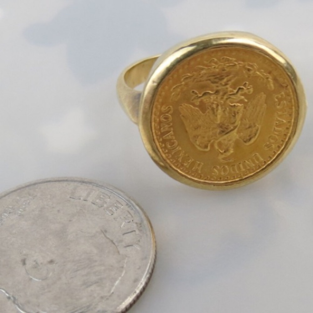 AMAZING VINTAGE ESTATE AUTHENTIC 22K DOS PESOS COIN RING IN 14K BEZEL- SIZE 4.5 - Picture 8 of 15